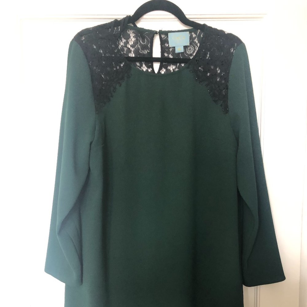 Green & Black Shift Dress with Lace Accents